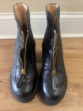 Gucci Black Quilted Leather Front-Zip Ankle Boots with Gold Zippers